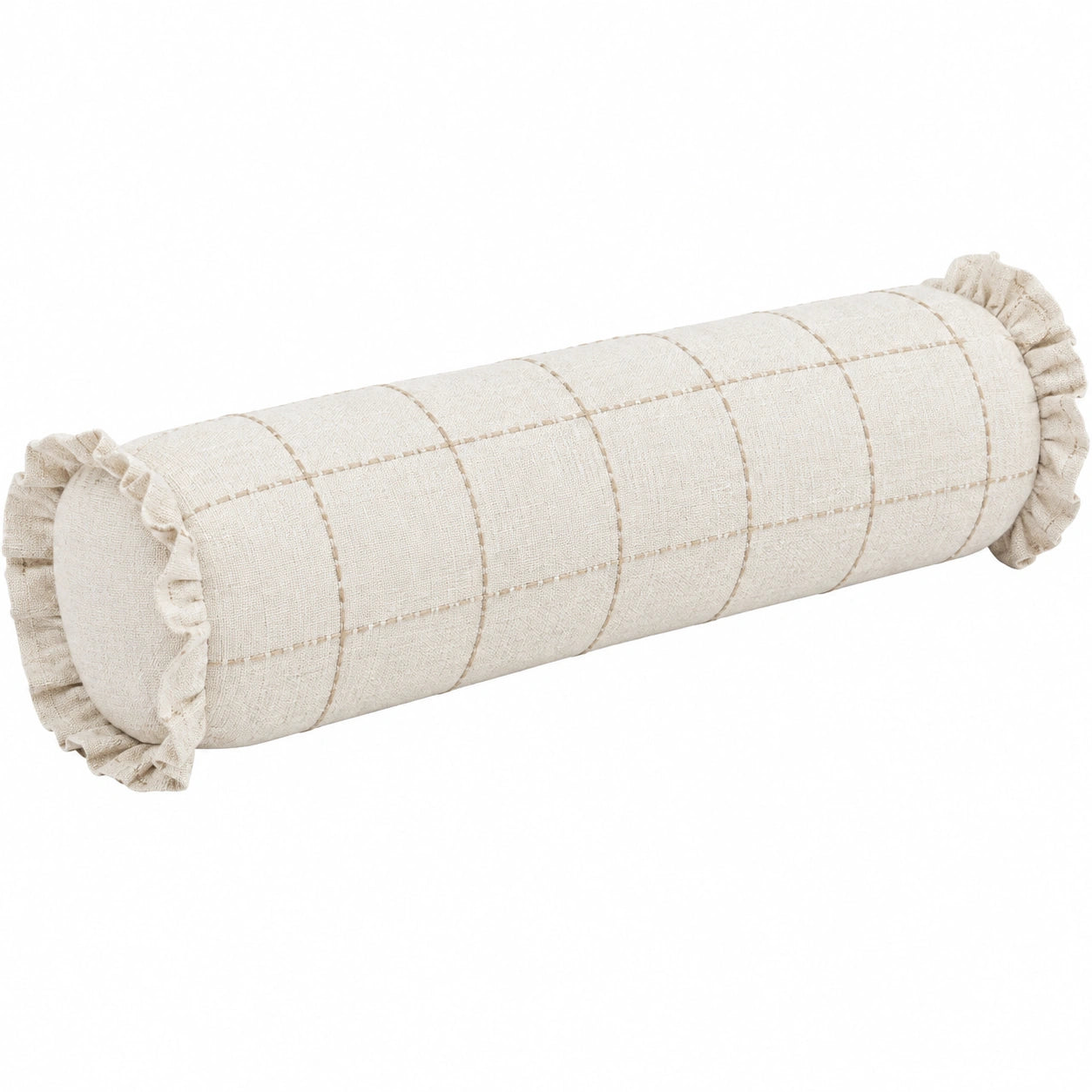 Nackenrolle 15 x 50 cm aus Webstoff Creme mit Rüschen