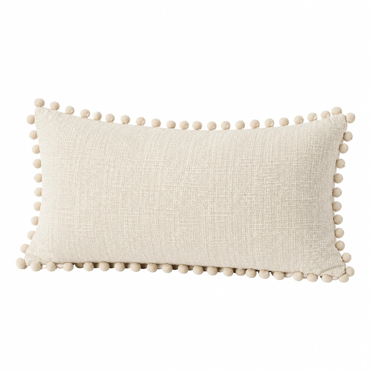 Rechteckiges Dekokissen 50 x 30 cm cremefarbener Textilbezug mit Pomponrand