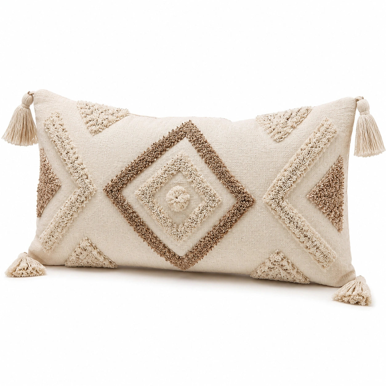 Dekokissen 50 x 30 cm aus Textil in Cremebraun mit Quasten im Boho Stil