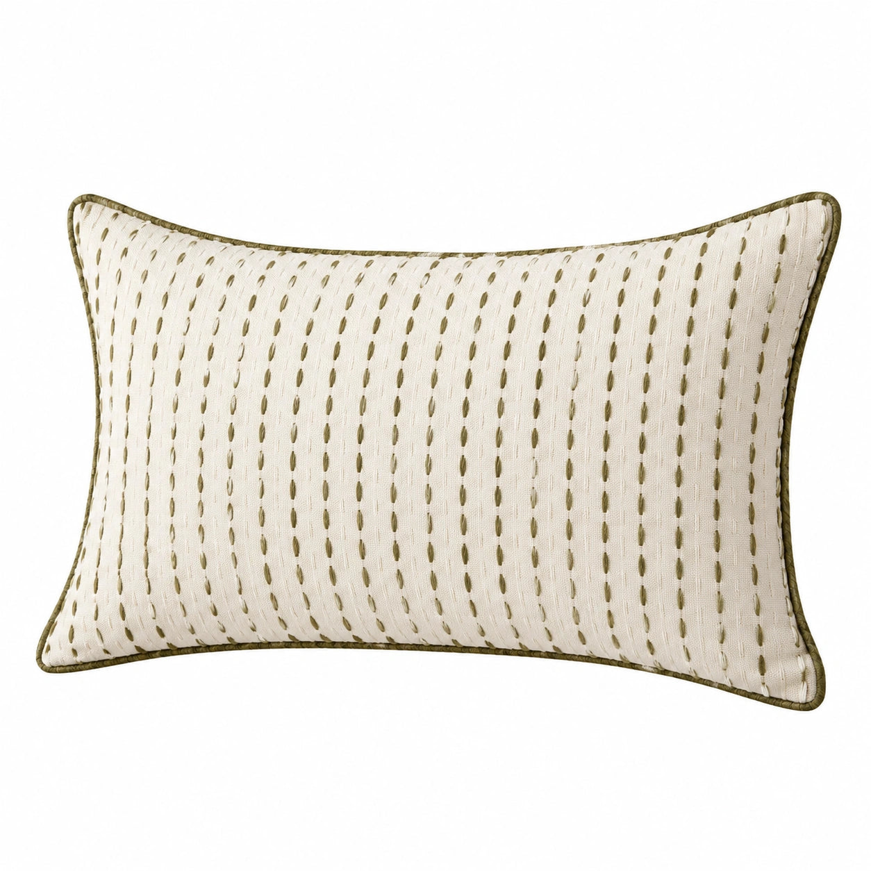 Rechteckiges Zierkissen 50 x 30 cm aus Textil in Creme Olivgrün mit gesticktem Streifenmuster
