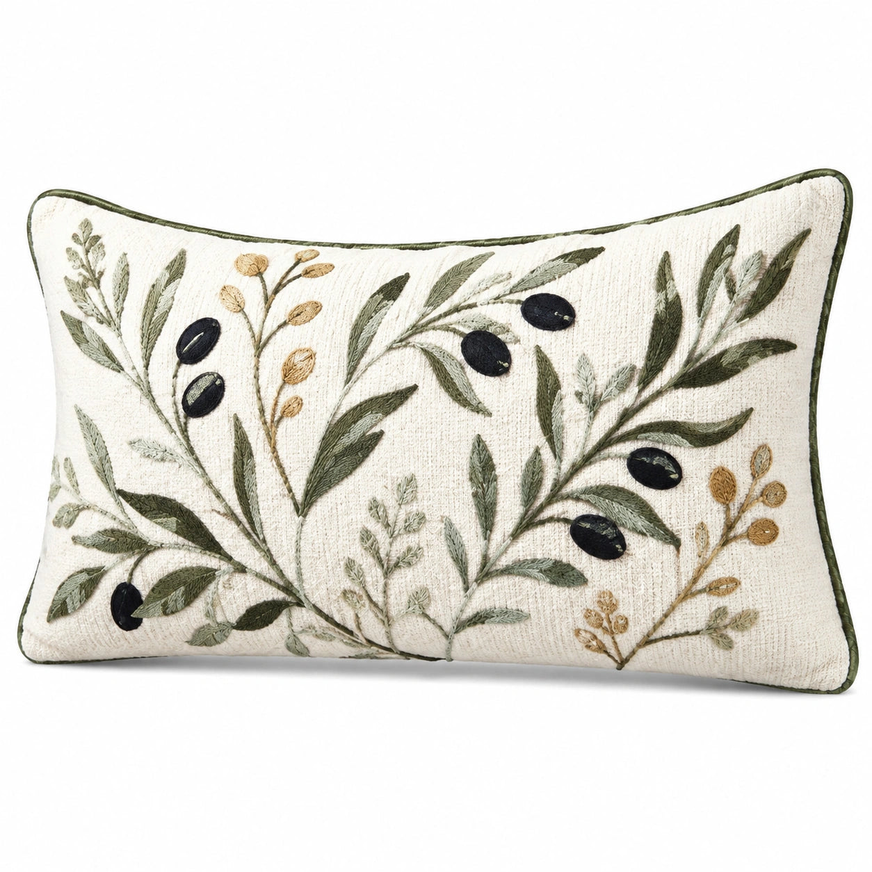 Rechteckiges Zierkissen 50 x 30 cm Textil Creme Grün mit botanischer Stickerei