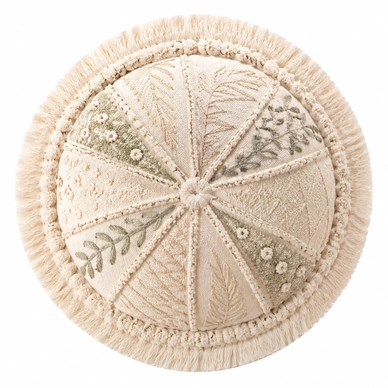 Rundes Zierkissen 45 cm Textil Creme Salbeigrün mit Fransen im Boho Stil