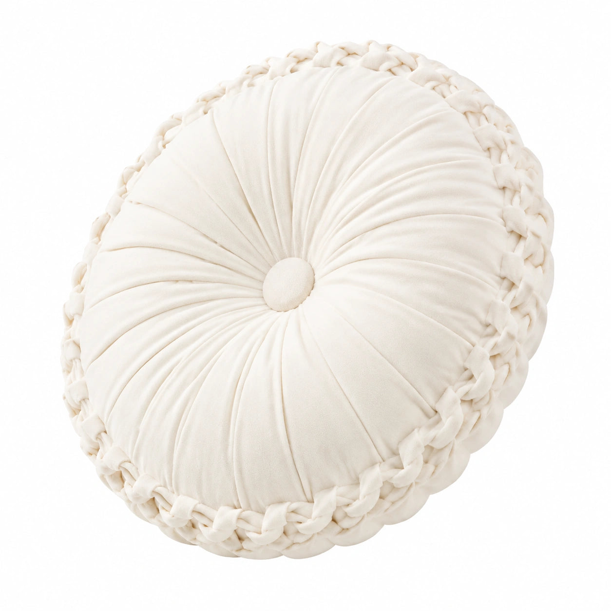 Rundes Dekokissen 45 cm Creme Textil mit Flechtrand